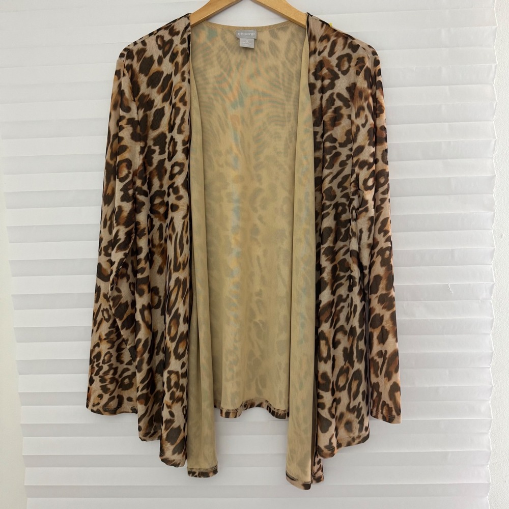 Chico's Leopard Print Mesh Open Front Cardigan Brown Animal Print XL Size 3